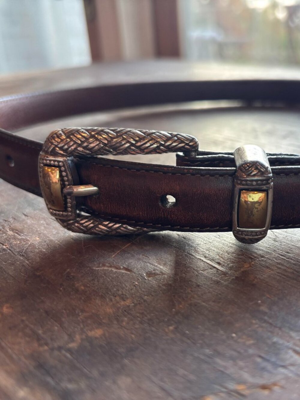 VINTAGE BRIGHTON BROWN LEATHER BELT WITH GOLD AND SILVER TRIM